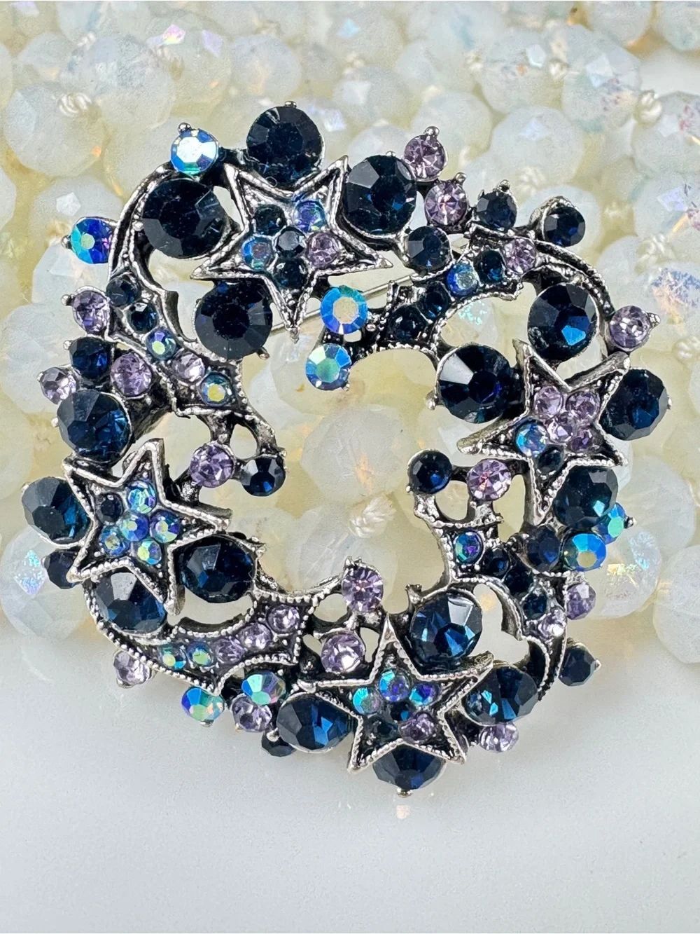 Crystal Starburst Wreath Brooch - Navy and Lavender